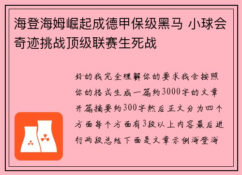 海登海姆崛起成德甲保级黑马 小球会奇迹挑战顶级联赛生死战
